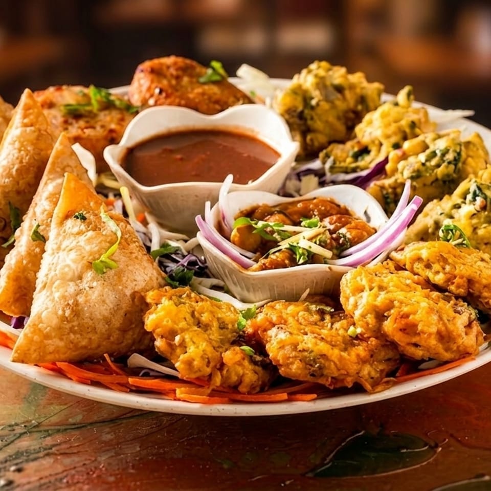 A platter of golden-brown samosas, pakoras, and chutneys on a white plate, against a warm, blurred background.