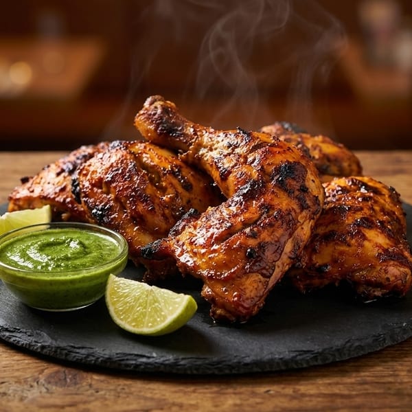 Steaming grilled chicken pieces with lime wedges and green chutney on a dark plate.