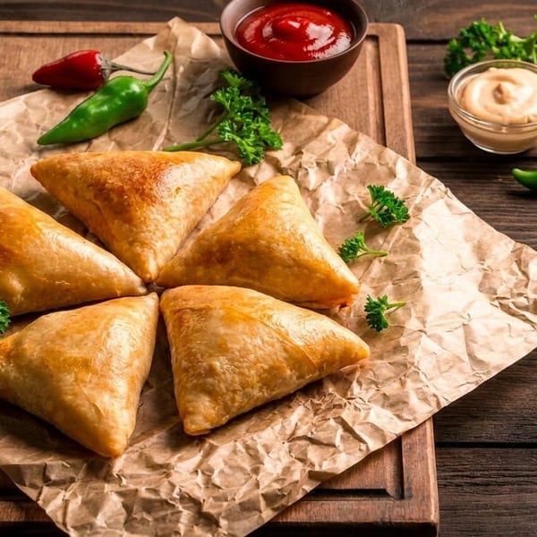 Five golden-brown samosas on crumpled parchment paper with sauces and peppers on a wooden board.