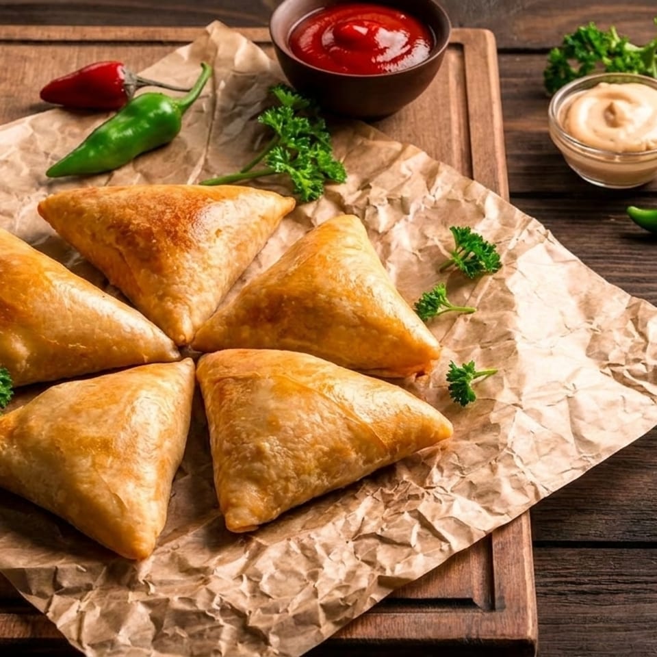 Five golden-brown samosas on crumpled parchment paper with sauces and peppers on a wooden board.