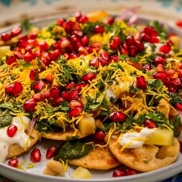 A vibrant plate of Indian chaat, topped with pomegranate seeds, sev, cilantro, and sauces.